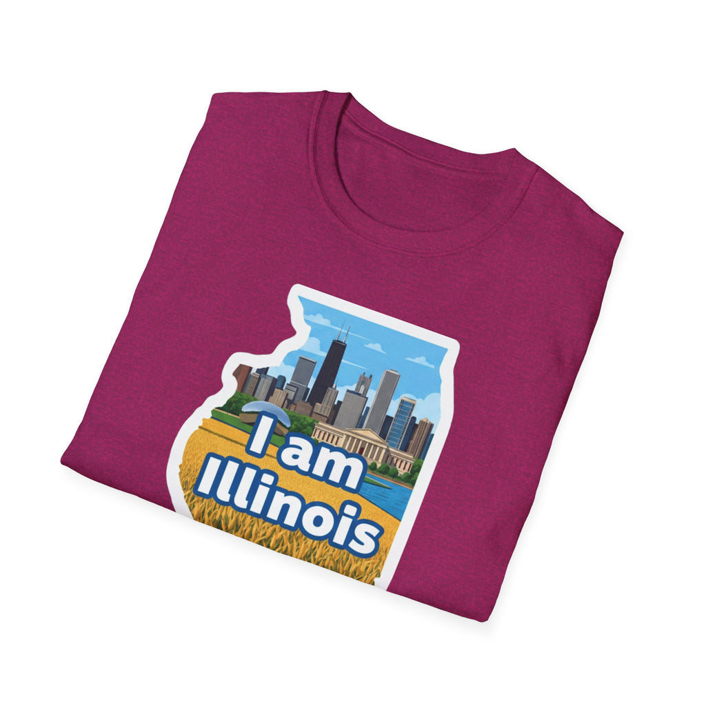 Magenta T-shirt with I am Illinois map skyline and farmland graphic