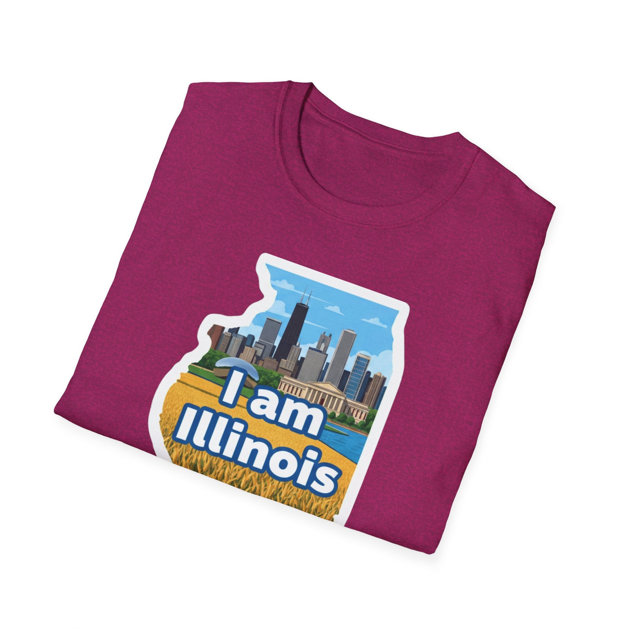 Magenta T-shirt with I am Illinois map skyline and farmland graphic