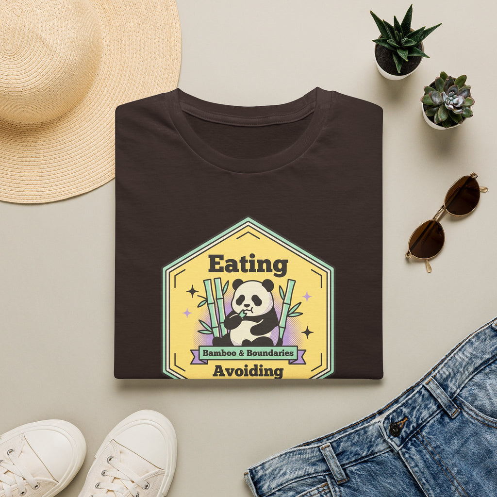 Dark brown unisex T-shirt with panda “Avoiding” graphic on the front