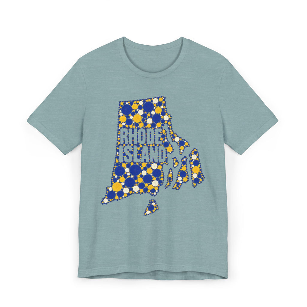 Light blue t-shirt with blue and yellow polka-dot Rhode Island outline graphic