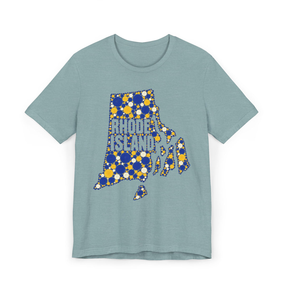 Light blue t-shirt with blue and yellow polka-dot Rhode Island outline graphic