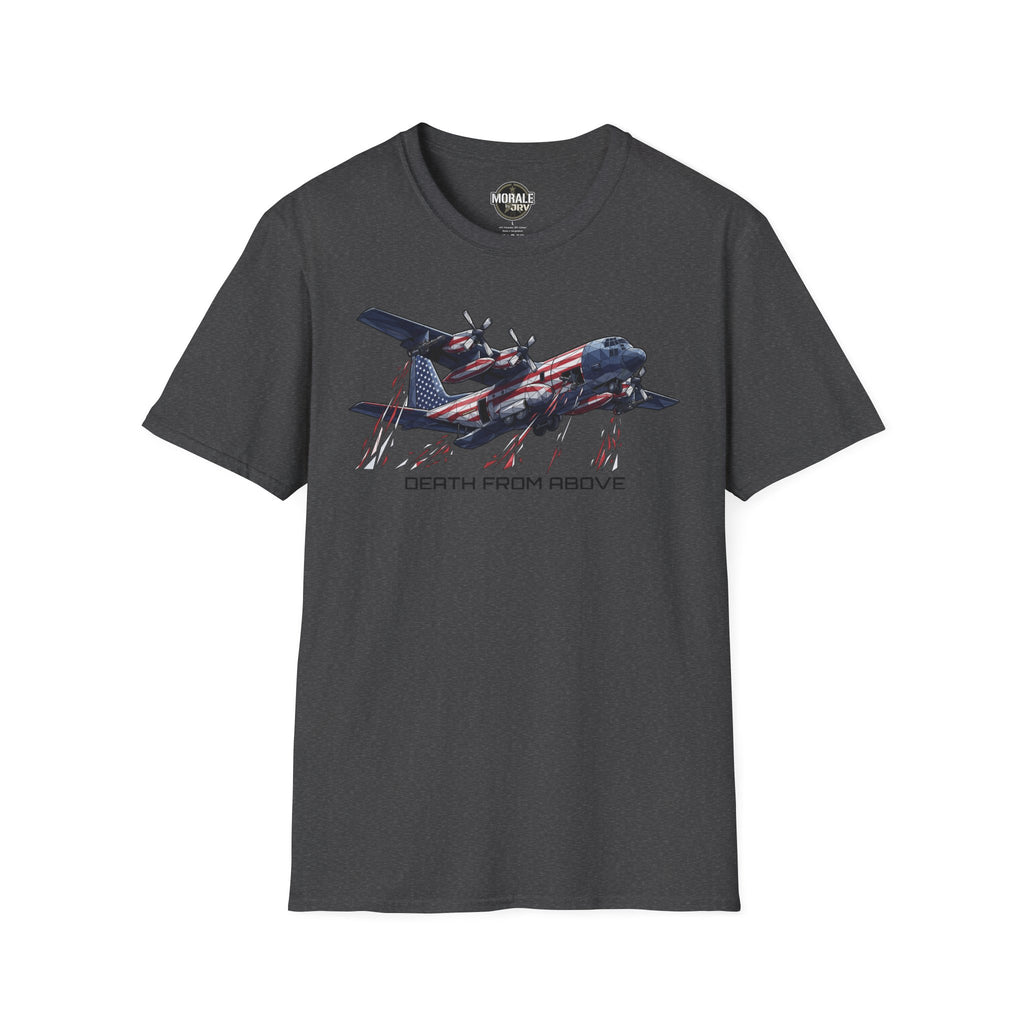 DEATH FROM ABOVE C-130 T-shirt, dark heather gray, front airplane graphic with flag