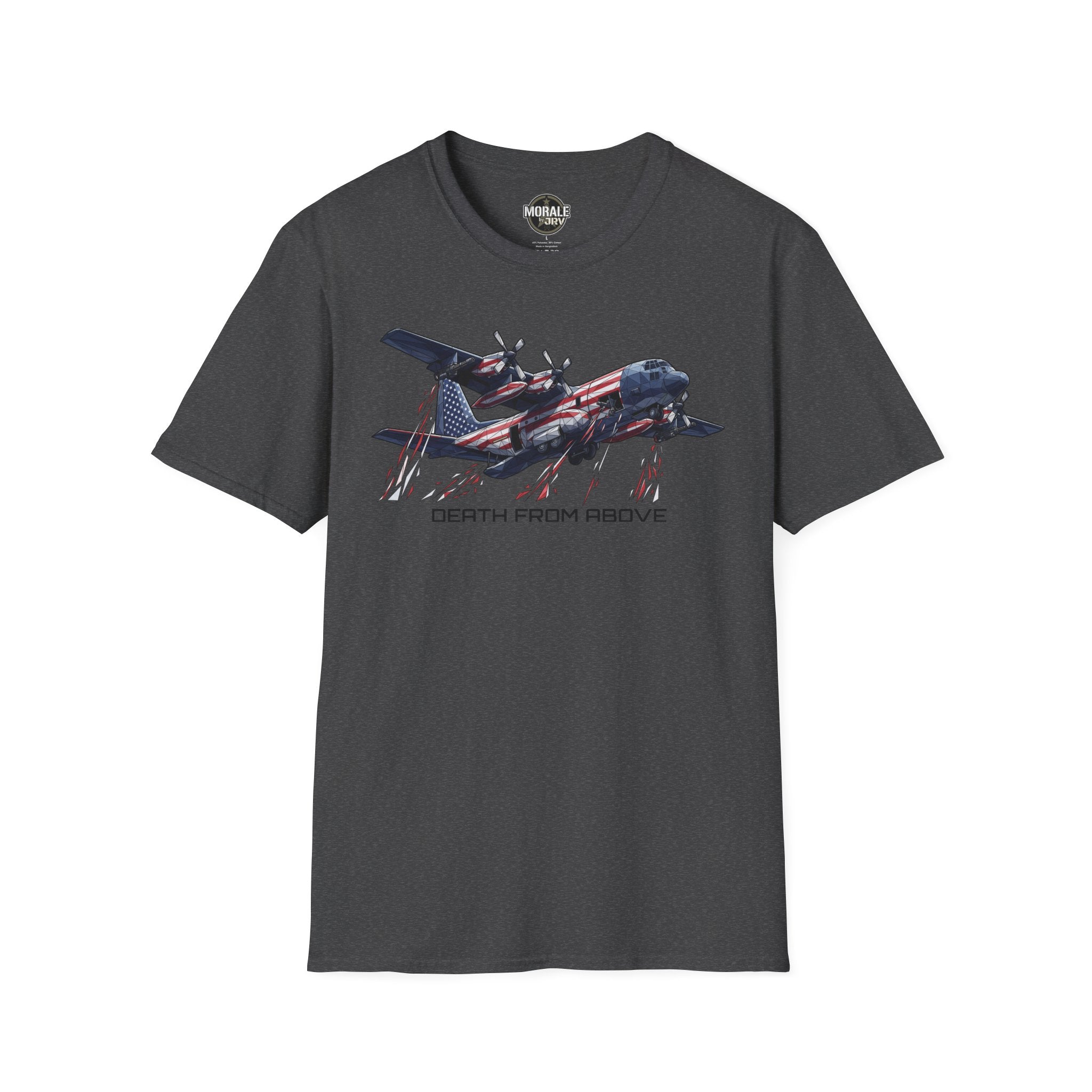 DEATH FROM ABOVE C-130 T-shirt, dark heather gray, front airplane graphic with flag