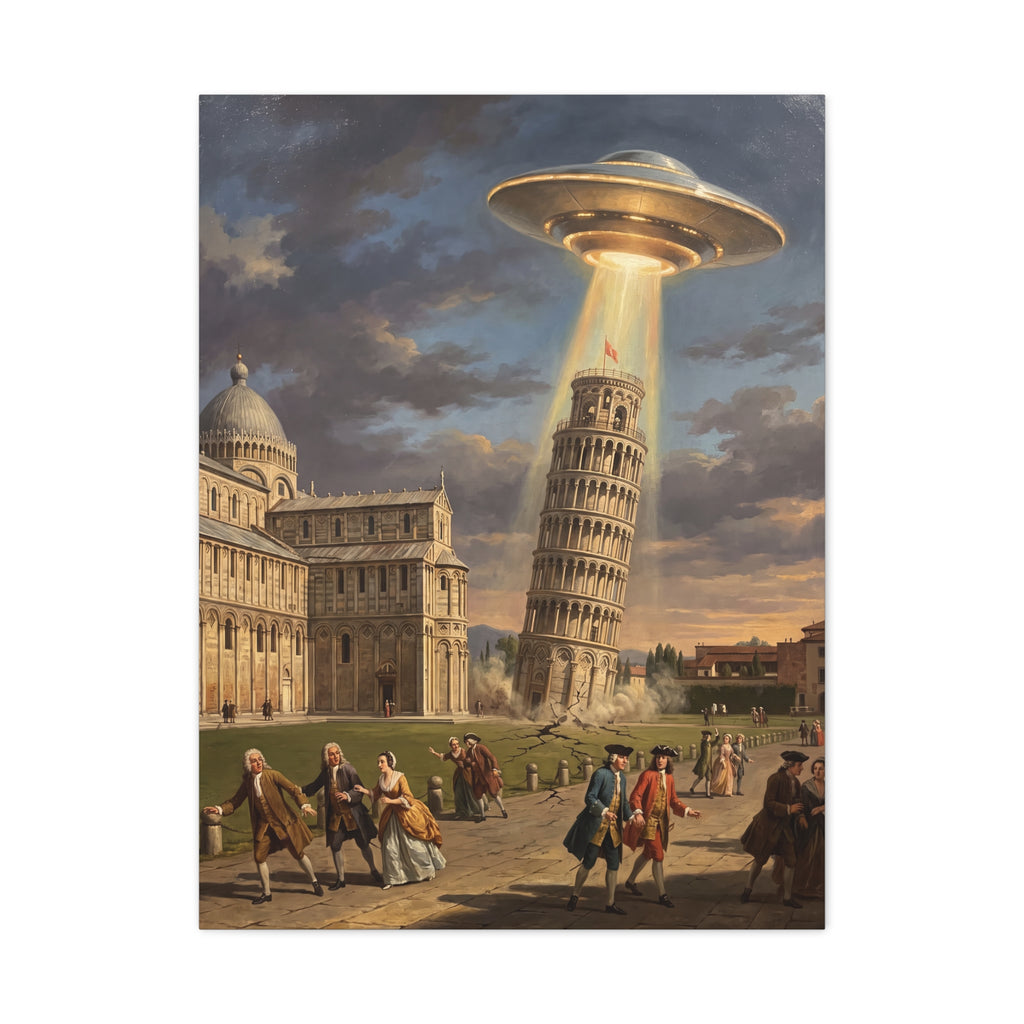 UFO abduction canvas print with yellow-orange saucer beam over Leaning Tower facade