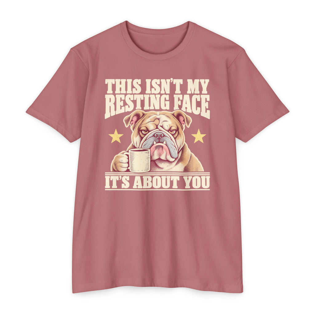 Rose crew-neck T-shirt with bulldog holding a coffee mug graphic on front.