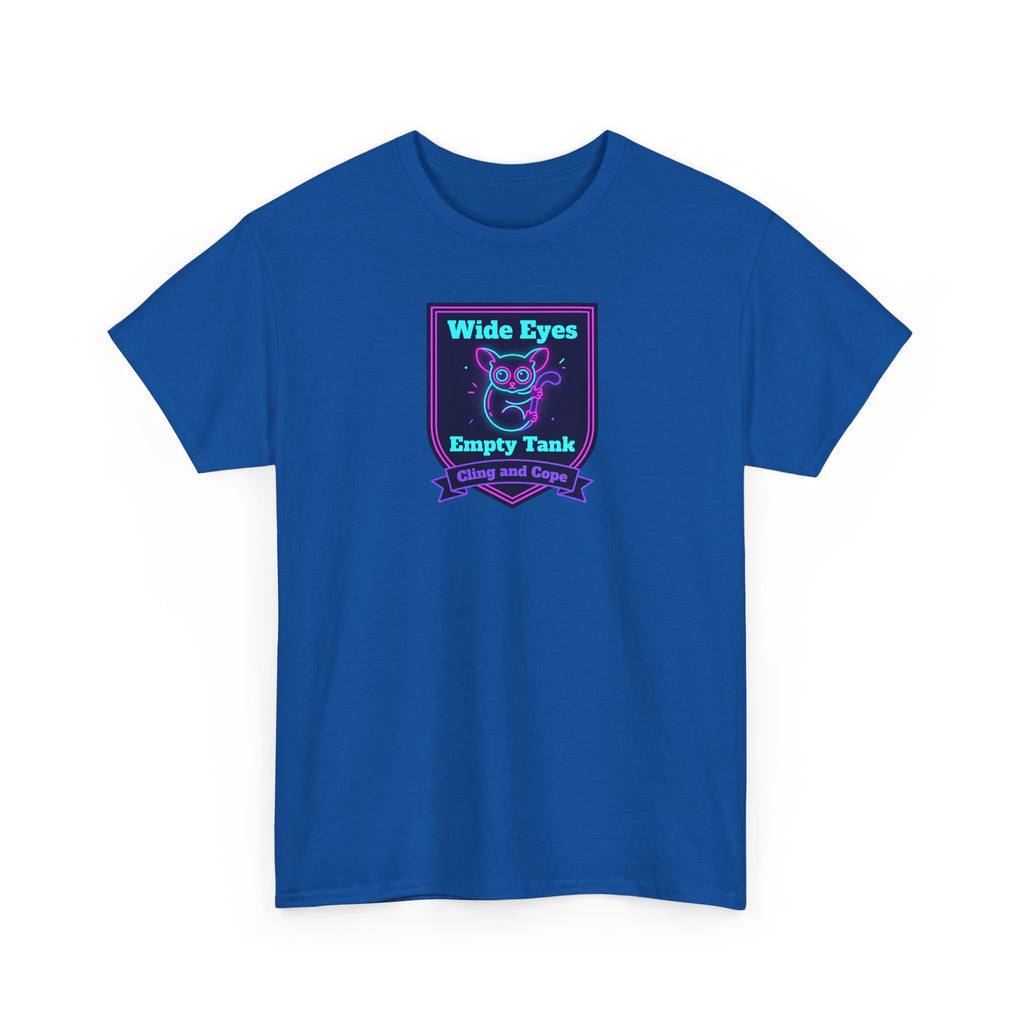 Blue crewneck T-shirt with neon rectangular chest graphic and text