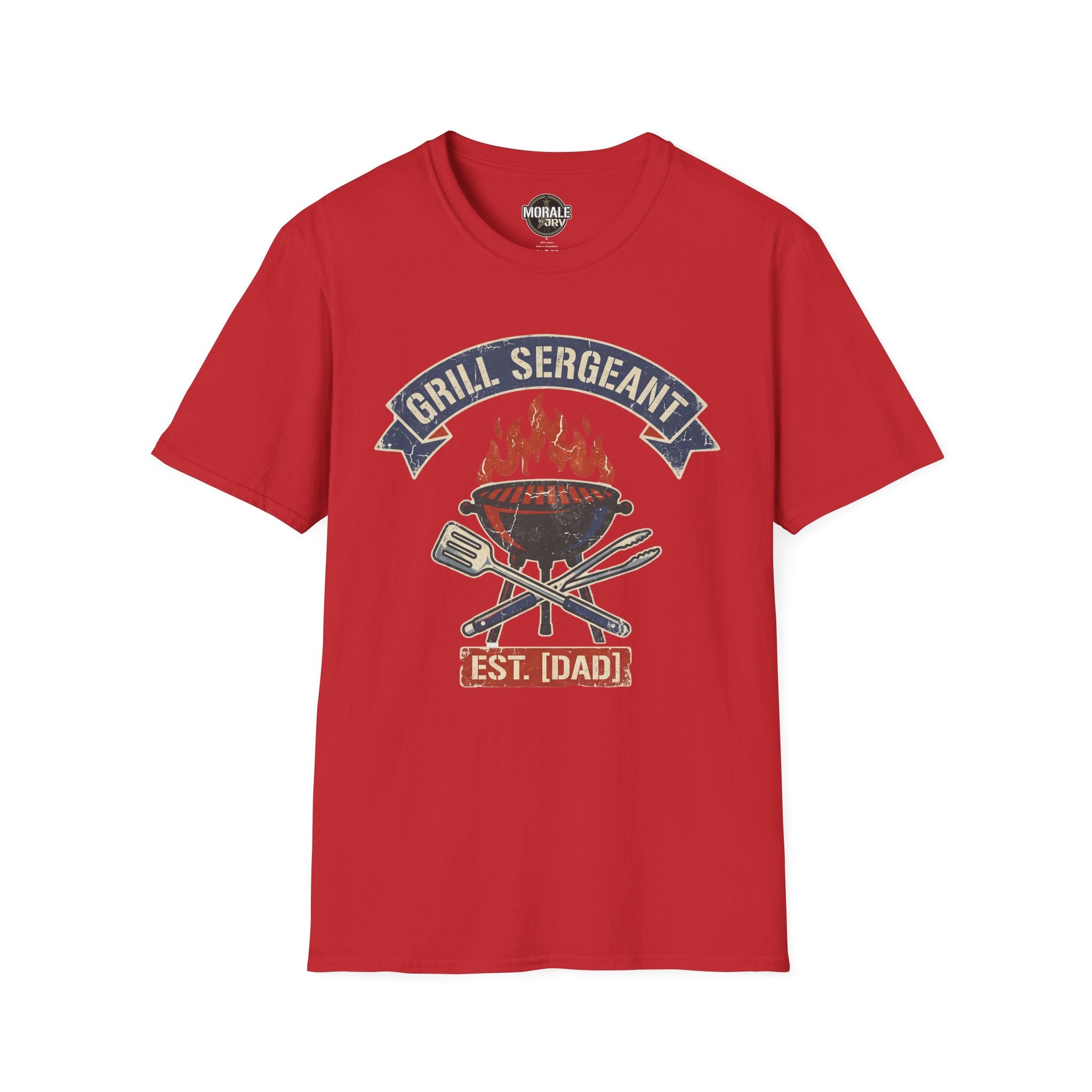 Red Grill Sergeant BBQ T-shirt featuring flaming grill, crossed tools, and “EST. [IDADD]”