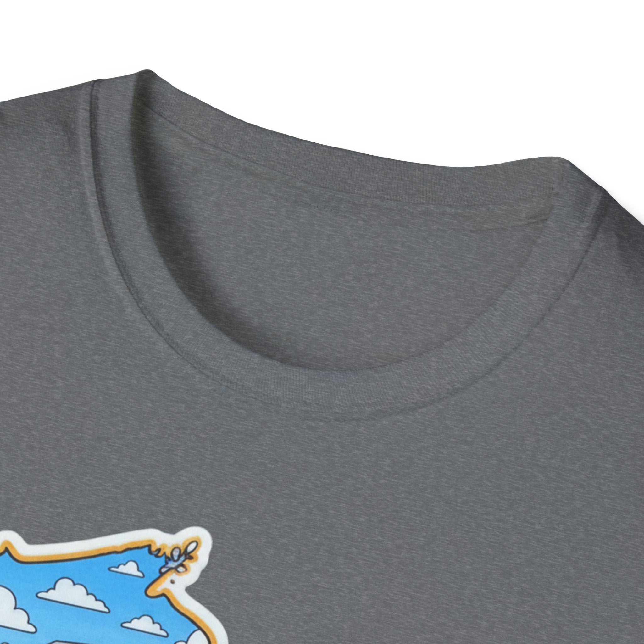Dark heather gray T-shirt crew neck close-up with partial Wisconsin graphic edge