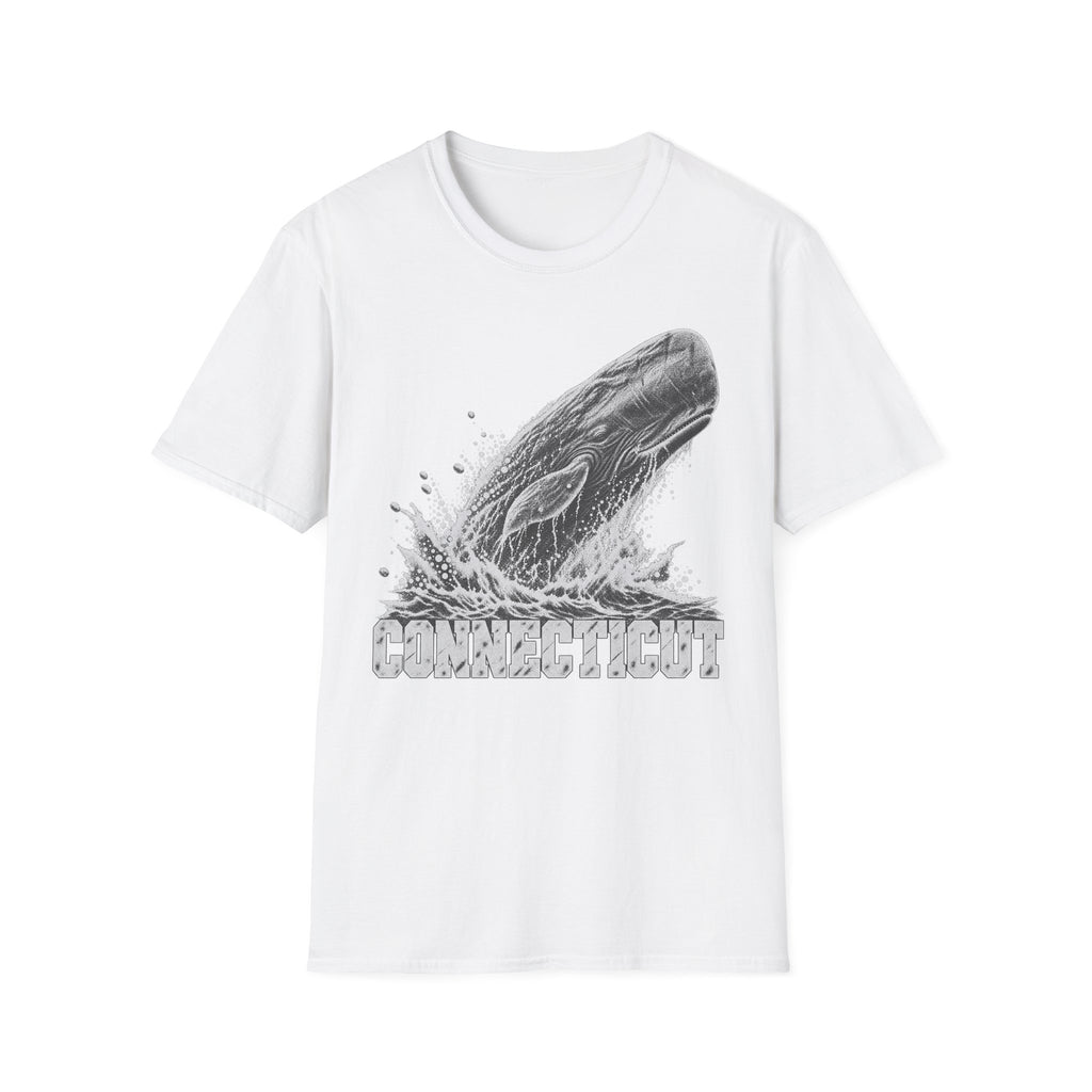 White t-shirt with gray breaching whale splash graphic and “Connecticut” text
