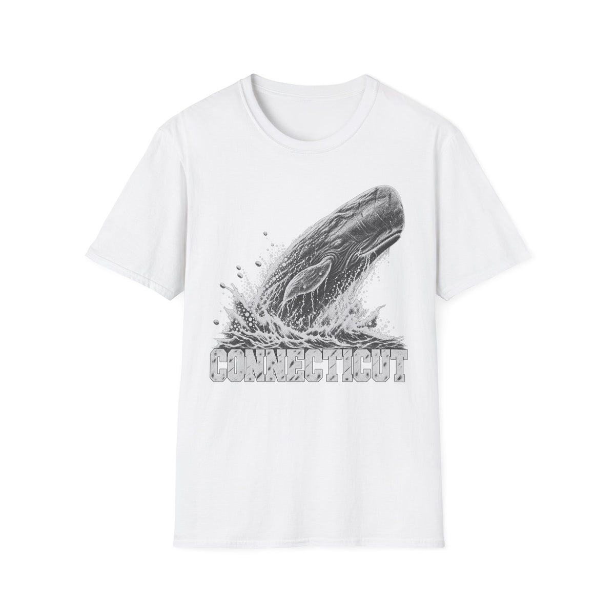 White t-shirt with gray breaching whale splash graphic and “Connecticut” text