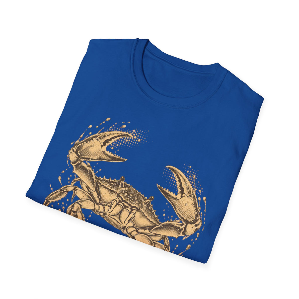 Royal blue crew-neck T-shirt with vintage gold crab illustration on front.