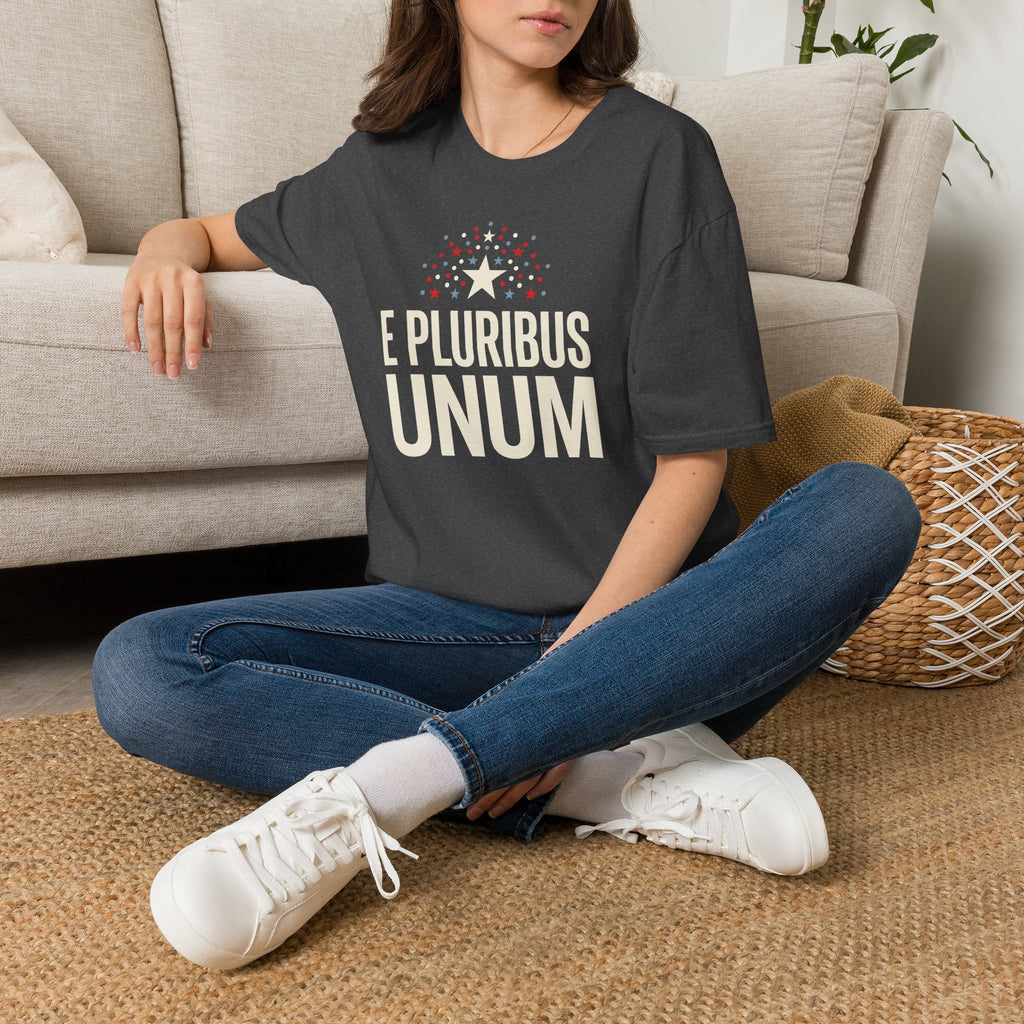 Dark gray T-shirt with 'E PLURIBUS UNUM' starburst graphic, crew neck