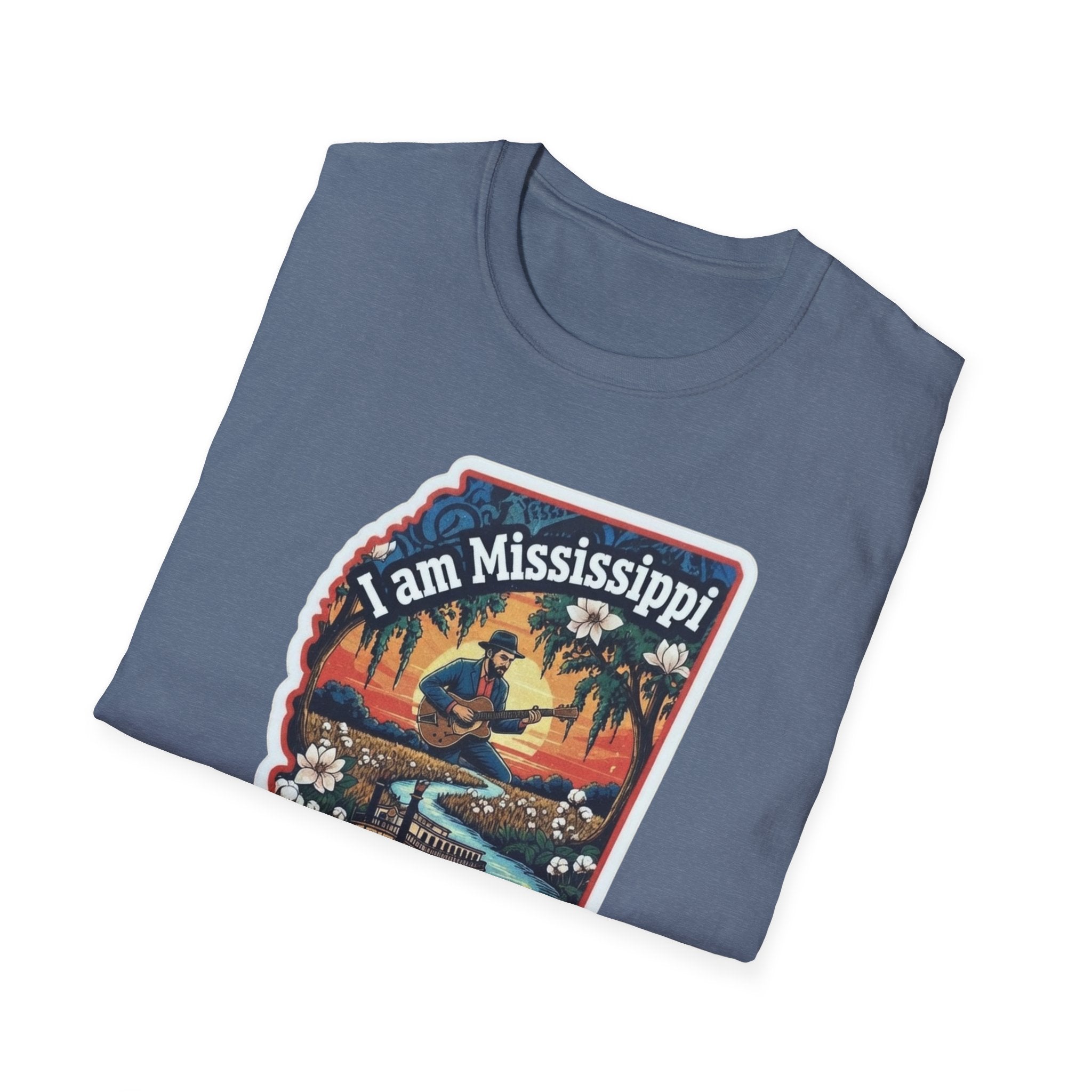 Blue T-shirt with "I am Mississippi" scenic logo graphic