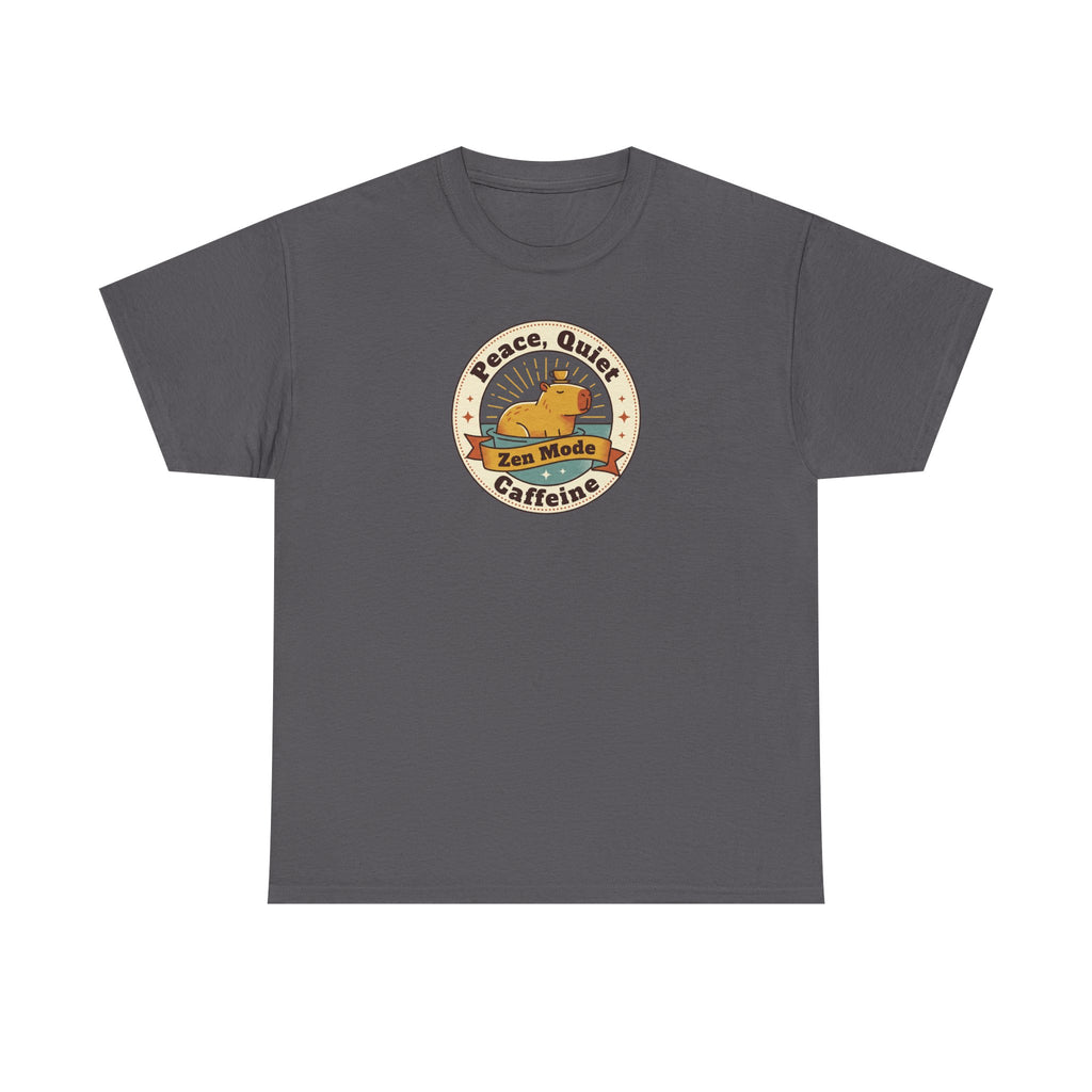 Charcoal crew neck T-shirt with Peace Quiet Caffeine Zen Mode circular emblem