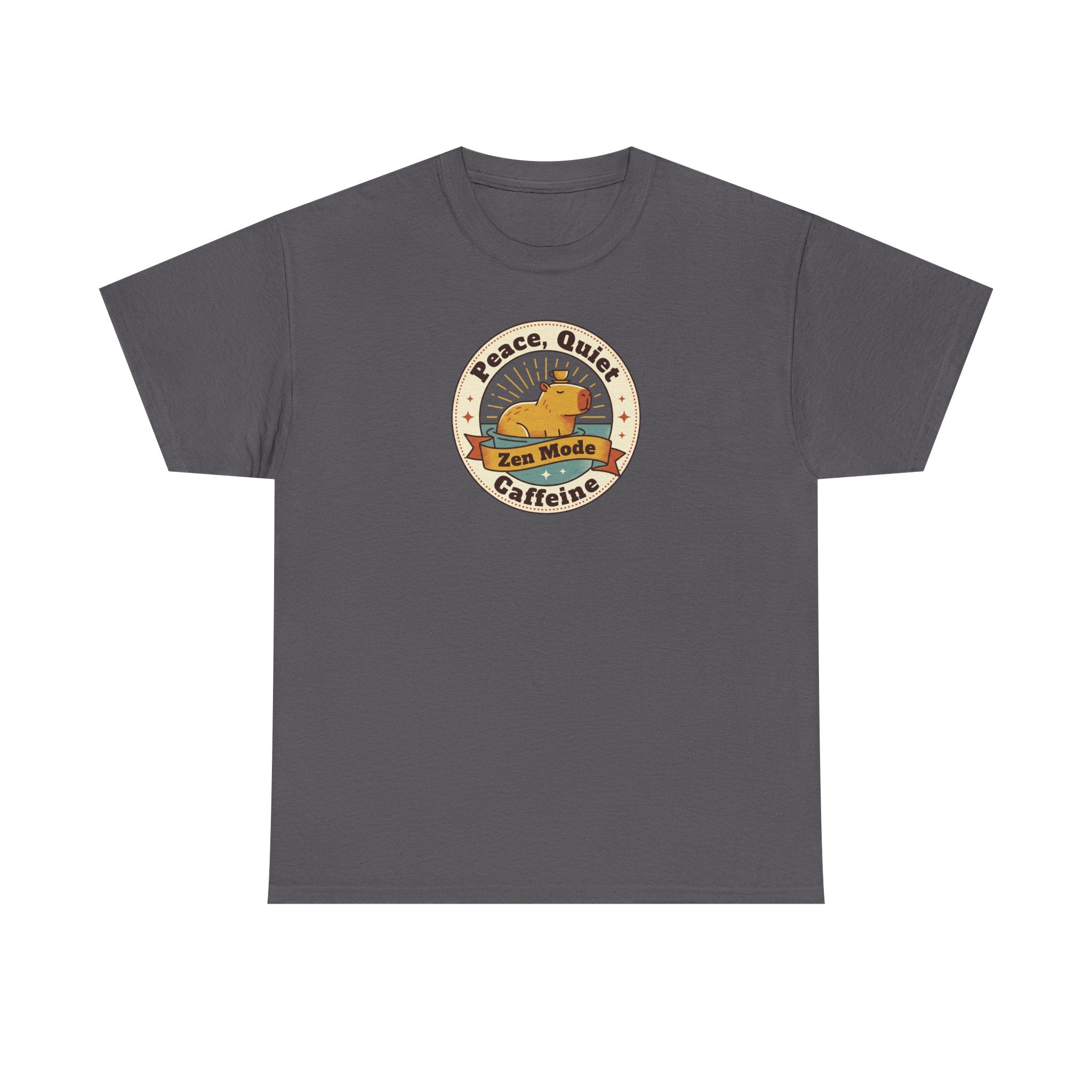 Charcoal crew neck T-shirt with Peace Quiet Caffeine Zen Mode circular emblem