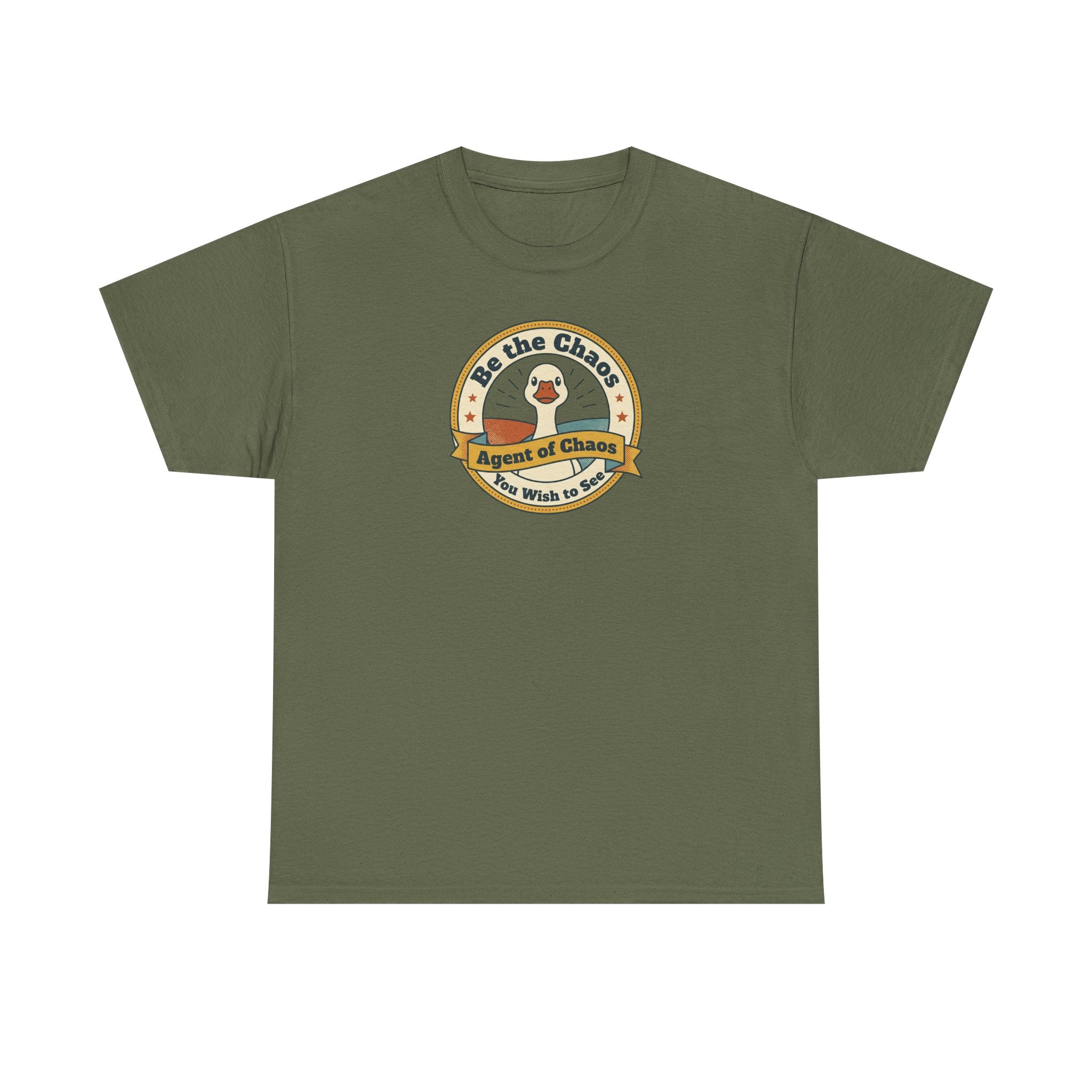 Olive green crew-neck T-shirt with circular duck emblem graphic on the chest