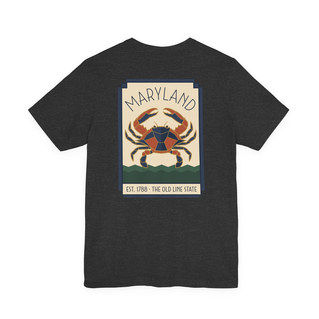 Dark charcoal t-shirt with Maryland art deco crab graphic on the front