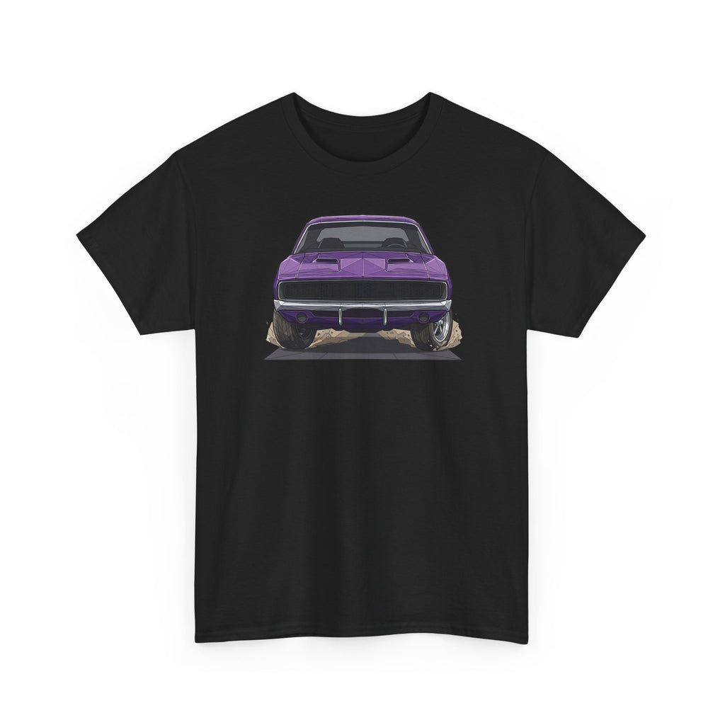 Black T-shirt with purple retro muscle car chest graphic, front view