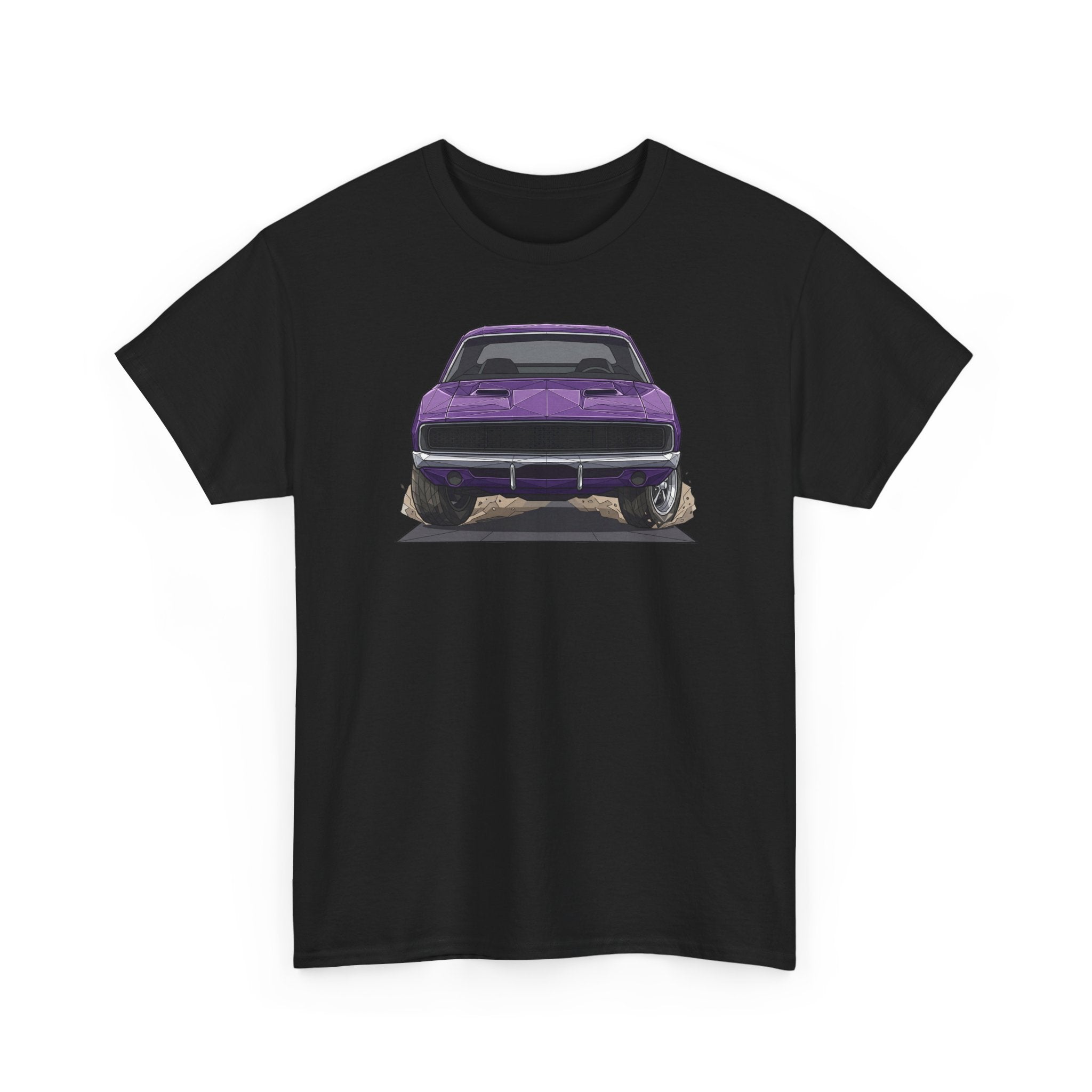 Black T-shirt with purple retro muscle car chest graphic, front view