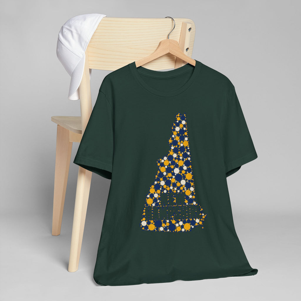 Forest green t-shirt with colorful floral New Hampshire outline graphic