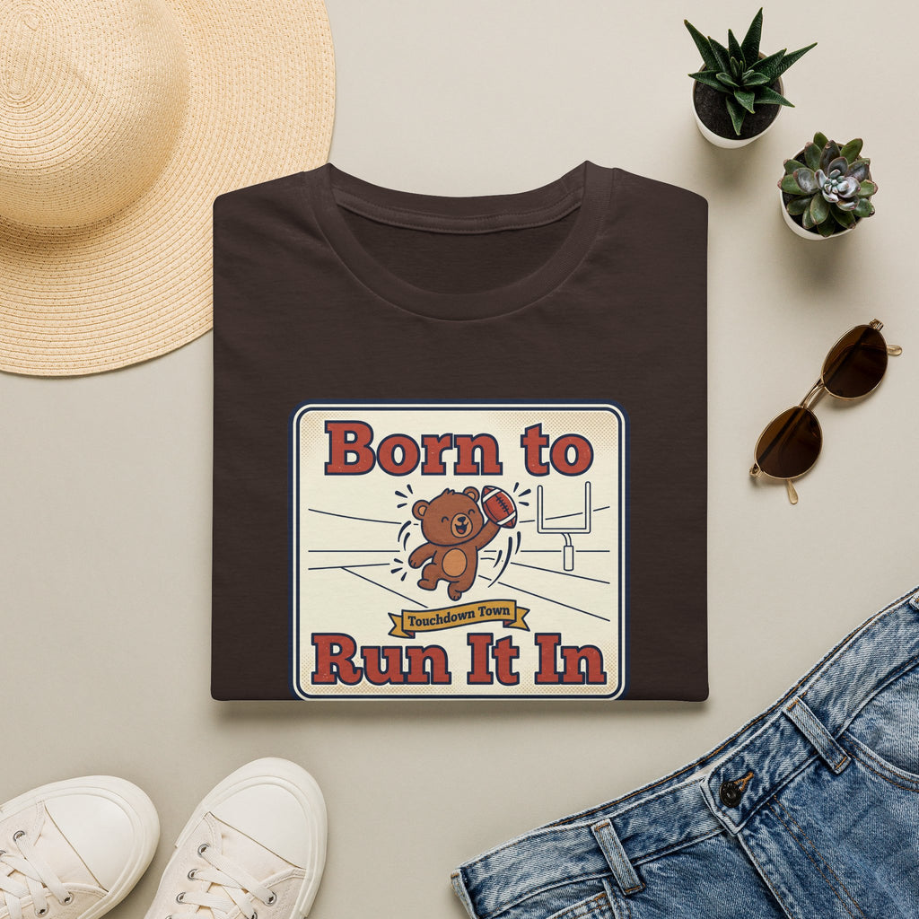 Brown crewneck T-shirt with “Born to Run It In” sports bear graphic