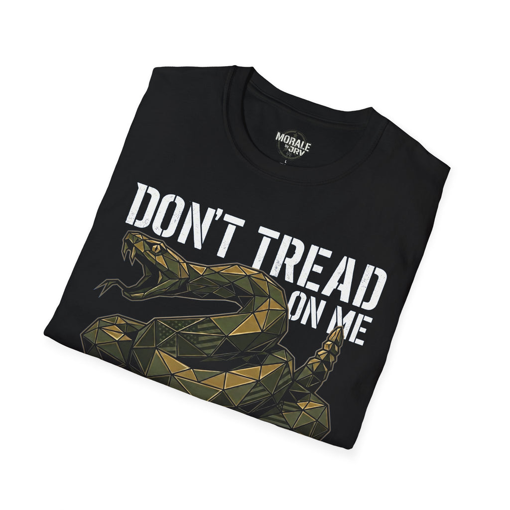 Black graphic T-shirt with coiled rattlesnake and “DON’T TREAD ON ME” text