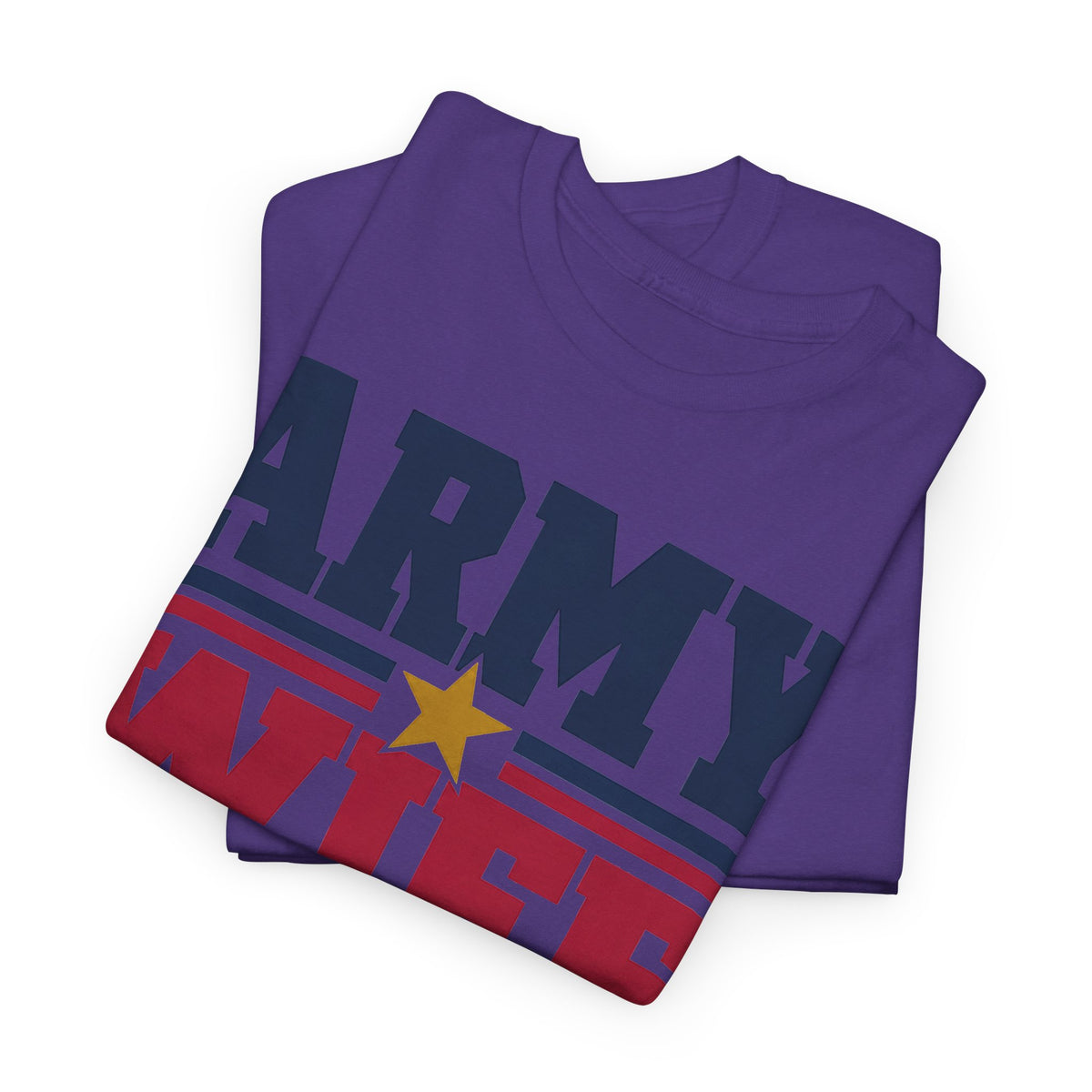 Lilac crew-neck T-shirt with patriotic star and “ARMY” front graphic.