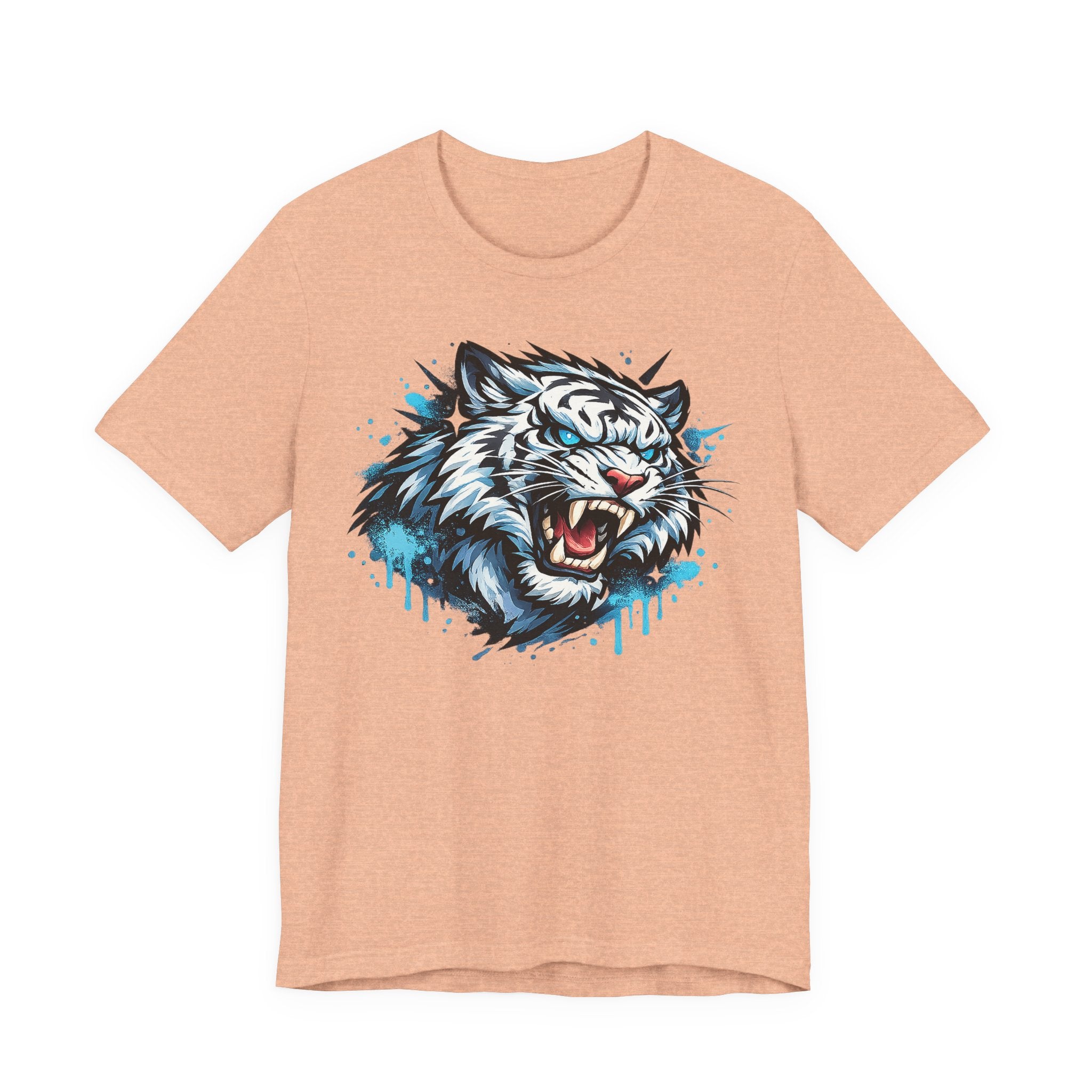 Peach unisex t-shirt with roaring tiger head graphic and blue drip print