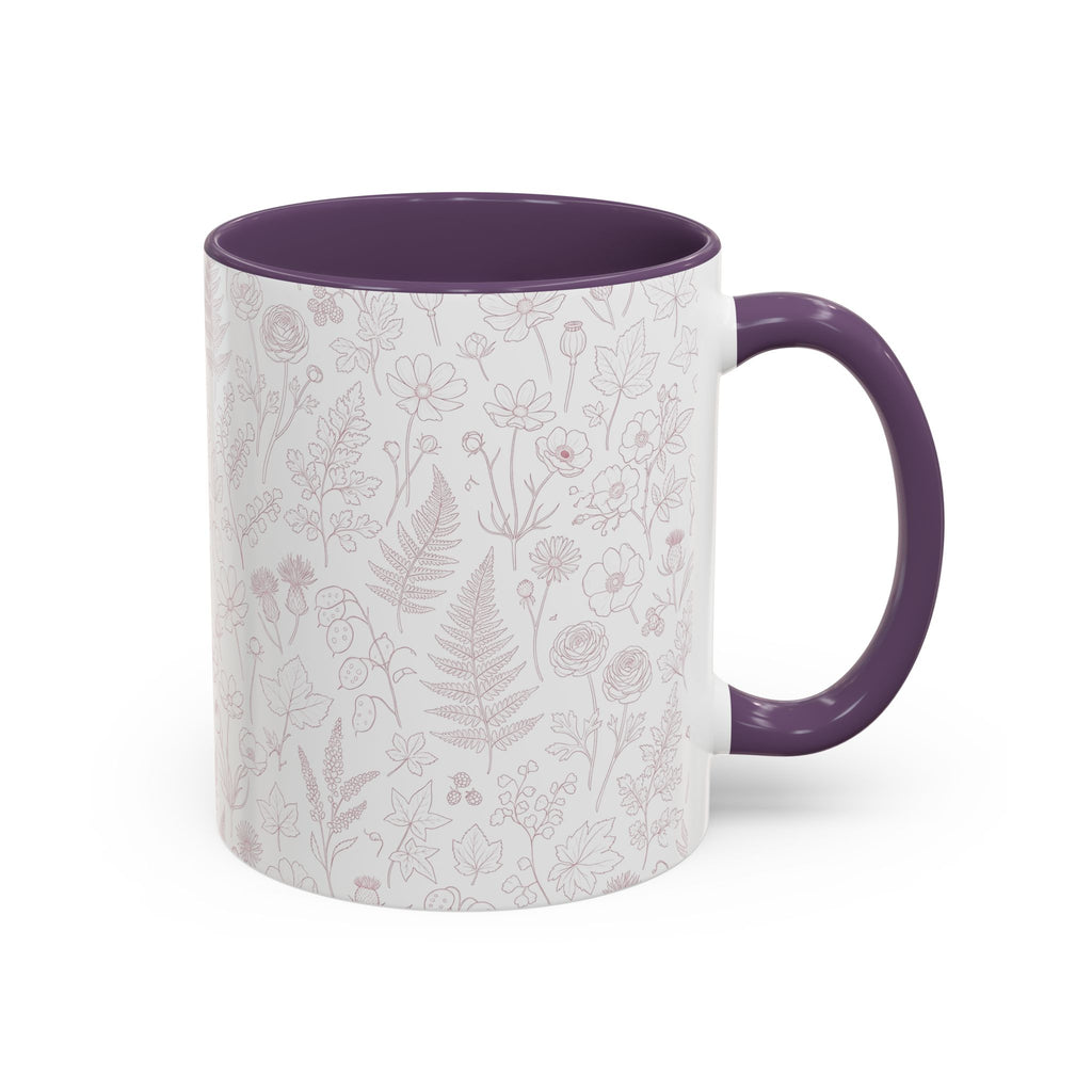 Wildflower patterned ceramic mug with purple interior and purple side handle