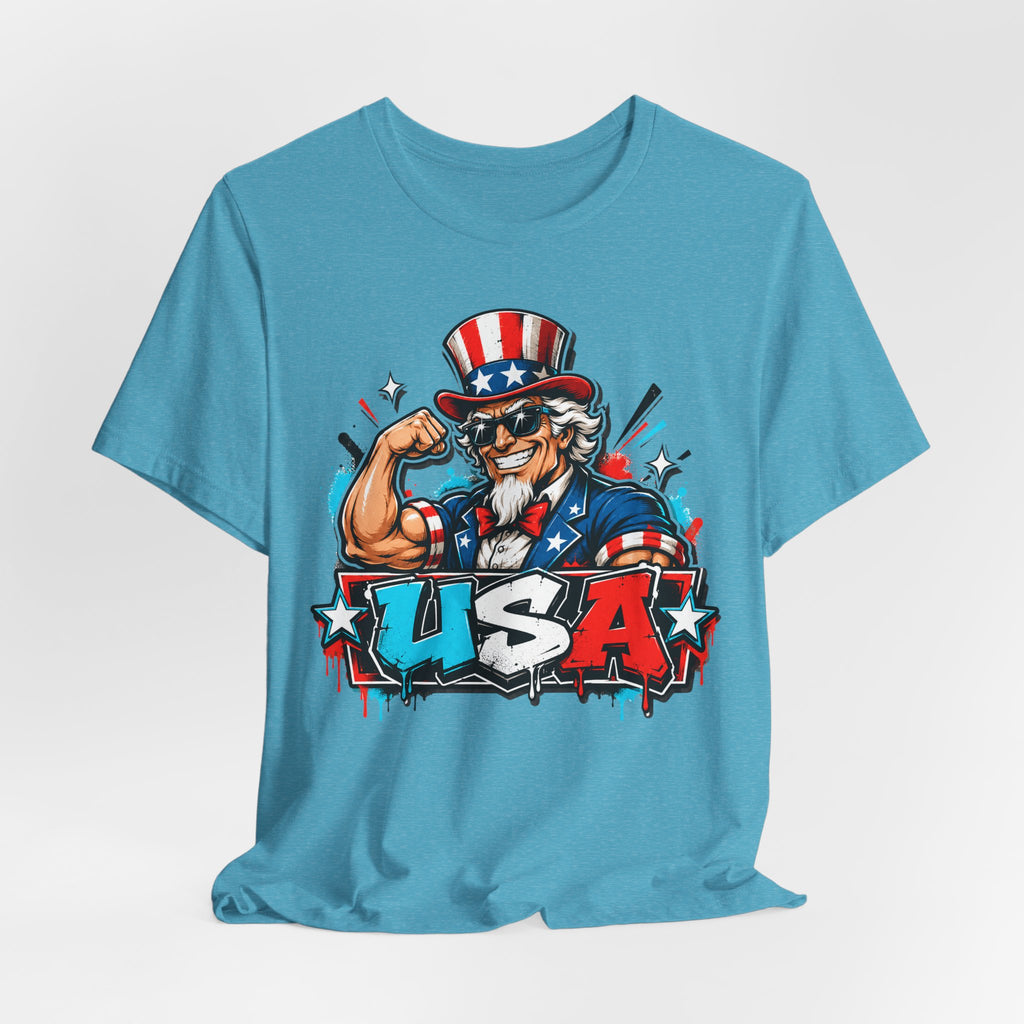 Men's aqua graphic T-shirt with Uncle Sam and bold USA text logo