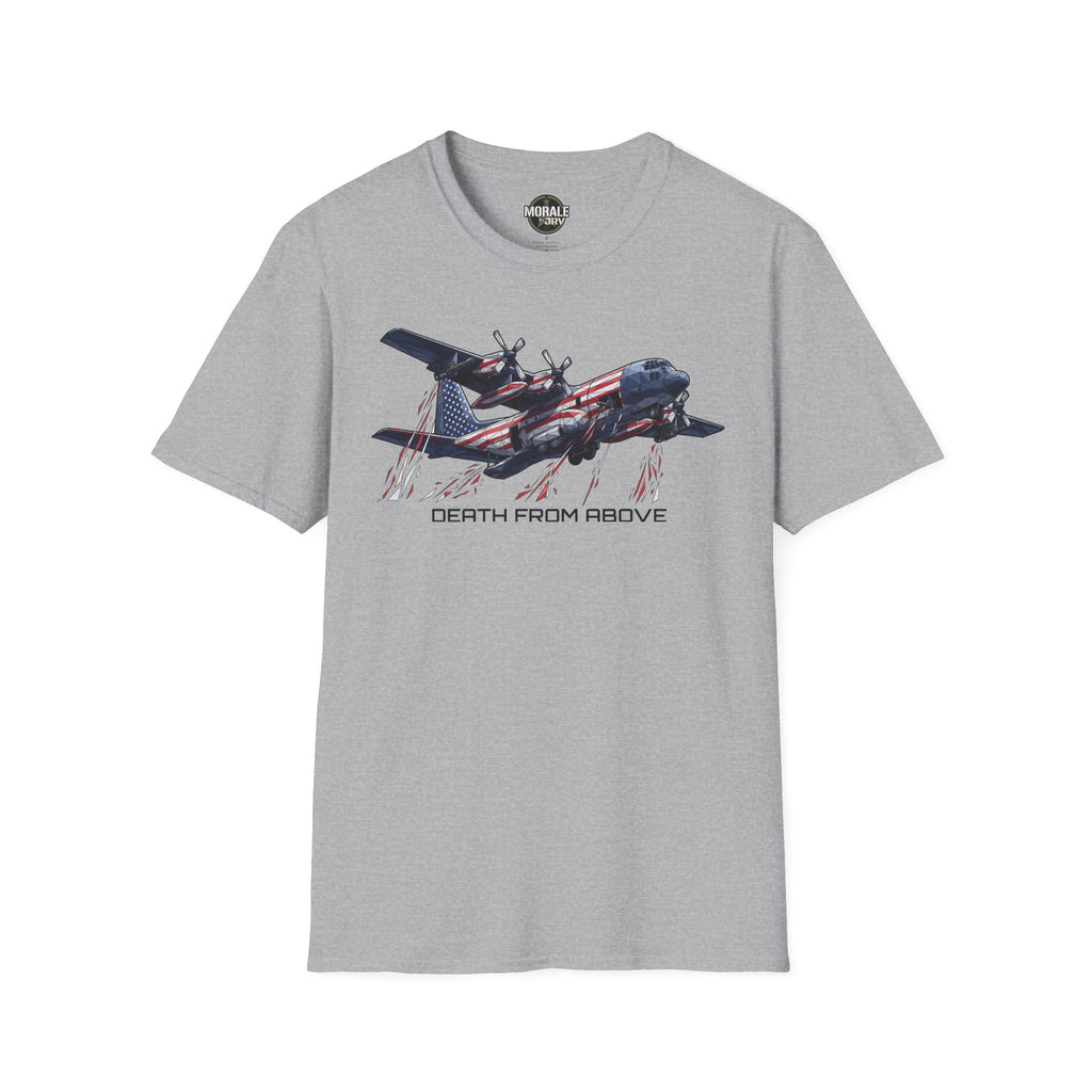 DEATH FROM ABOVE C-130 T-shirt, light gray, front airplane graphic with flag
