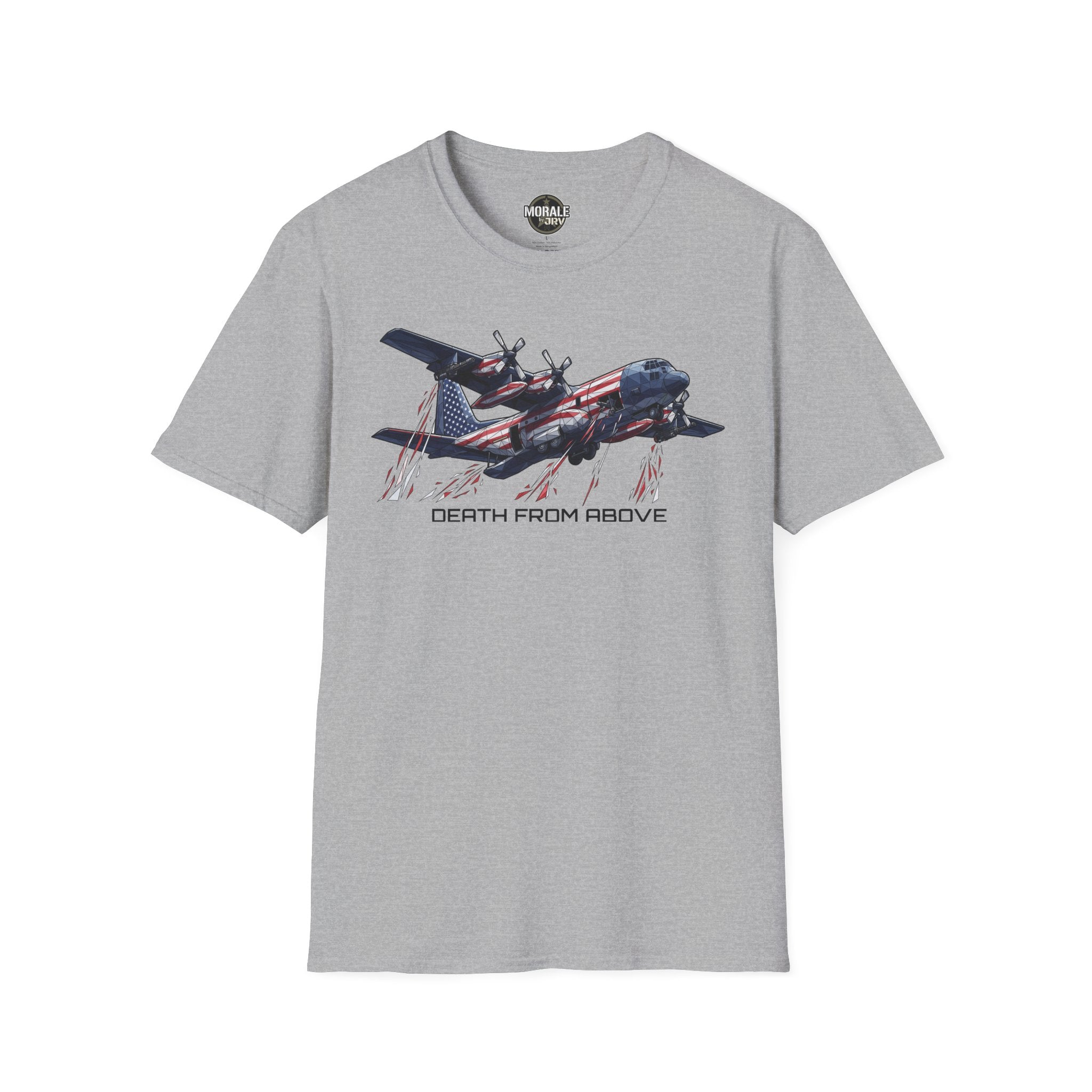 DEATH FROM ABOVE C-130 T-shirt, light gray, front airplane graphic with flag