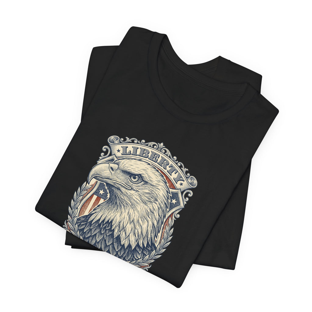 Black crew-neck graphic tee with bald eagle head design