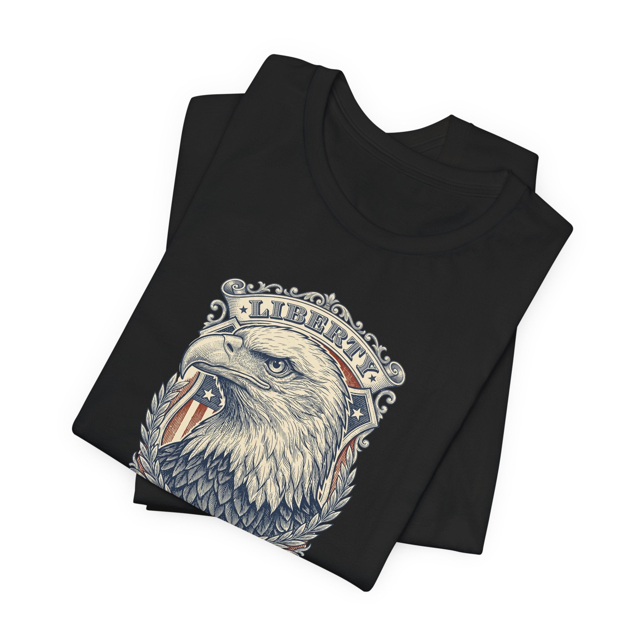 Black crew-neck graphic tee with bald eagle head design