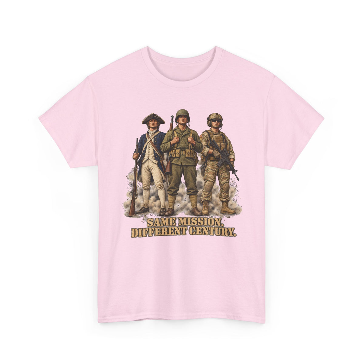 Light pink graphic soldiers T-shirt with bold text "Same Mission Different Century."