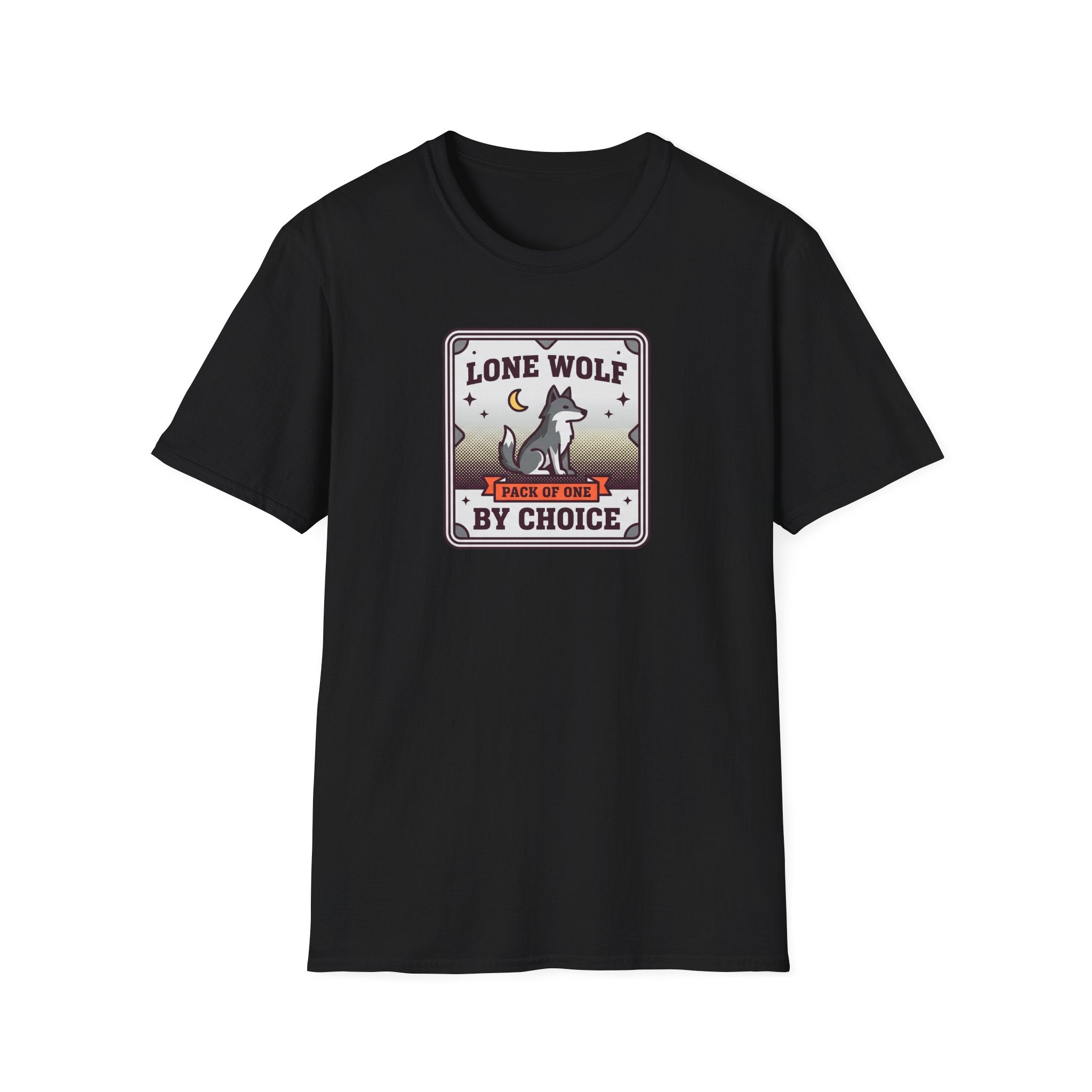 Black crewneck T-shirt with Lone Wolf badge graphic, short sleeves