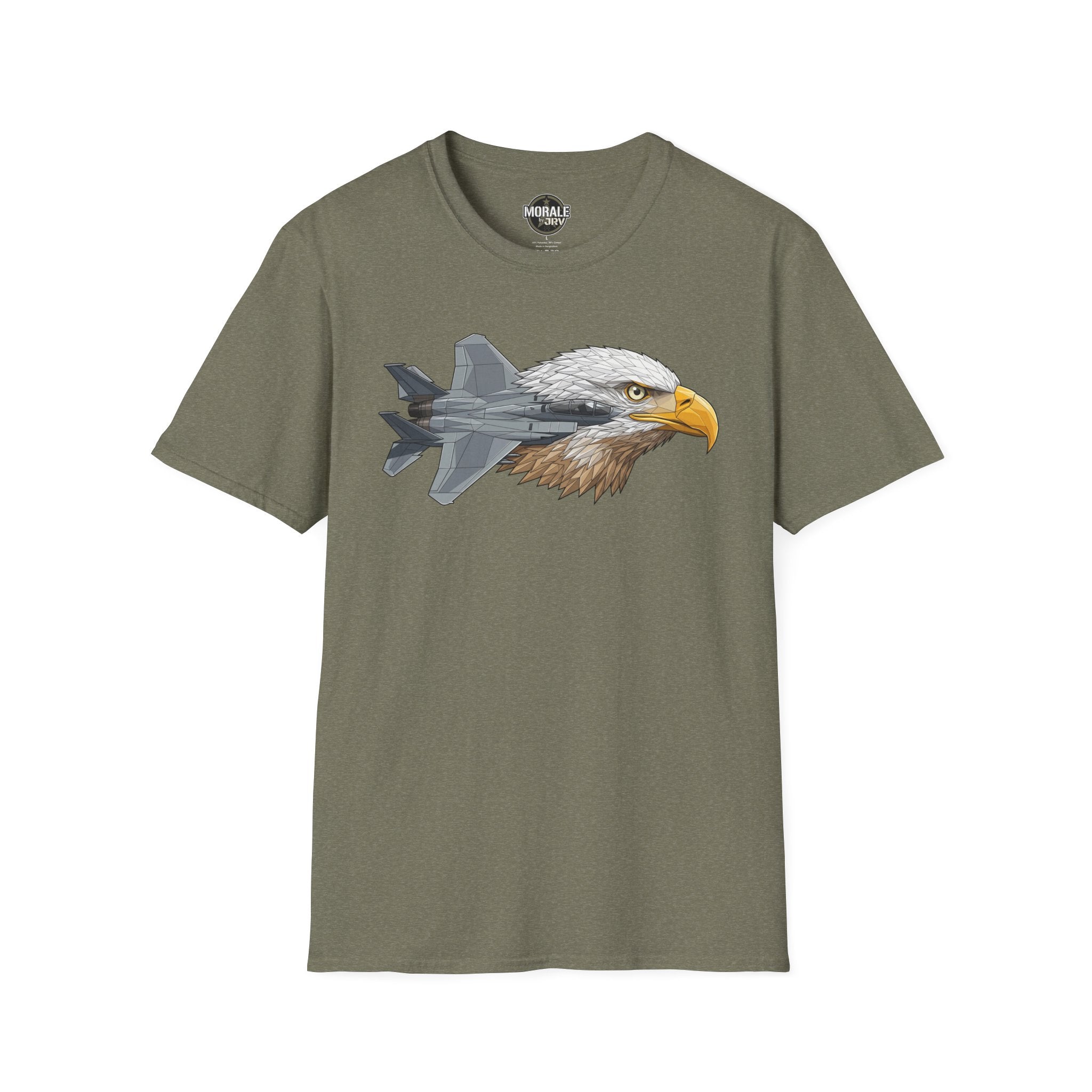 Heather military green T-shirt with eagle head and fighter jet graphic
