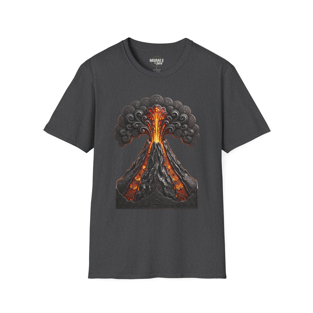 Dark gray T-shirt with erupting volcano artwork, glowing orange lava and smoke