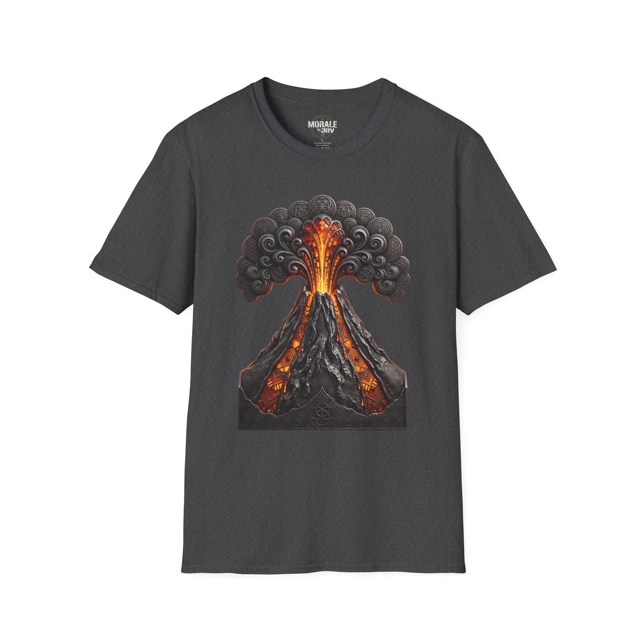 Dark gray T-shirt with erupting volcano artwork, glowing orange lava and smoke