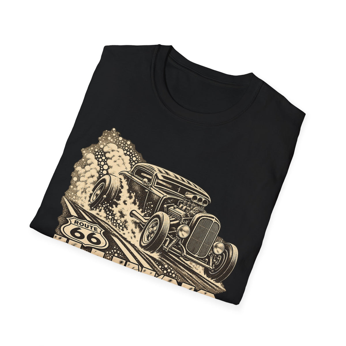 Black short-sleeve T-shirt with vintage hot rod graphic on the front