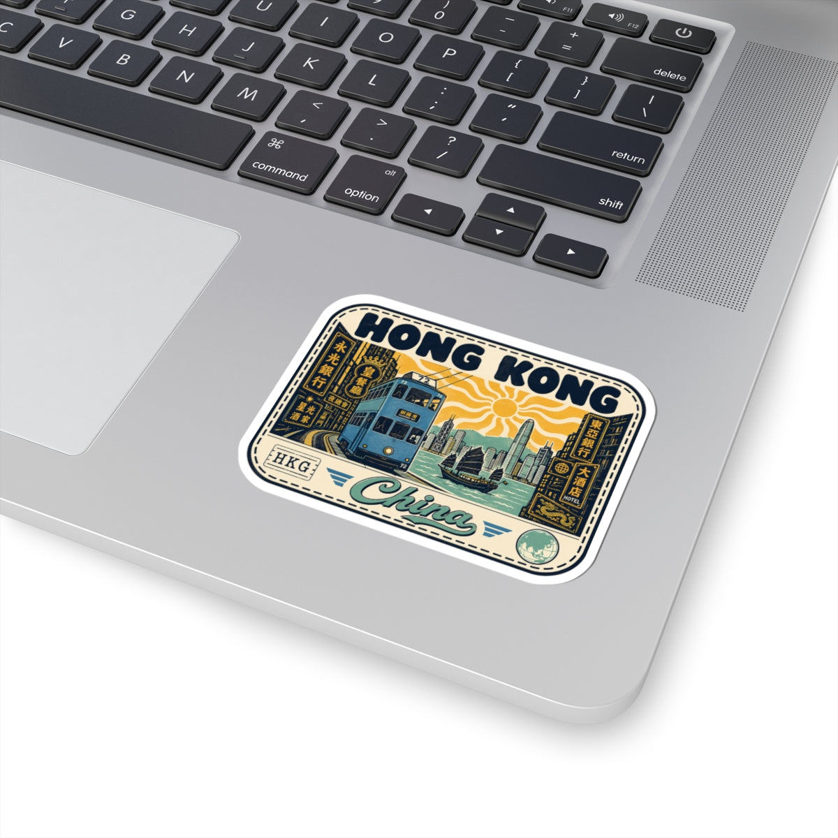 Hong Kong tram sticker with rounded white border, 'HKG' mark, and 'China' script