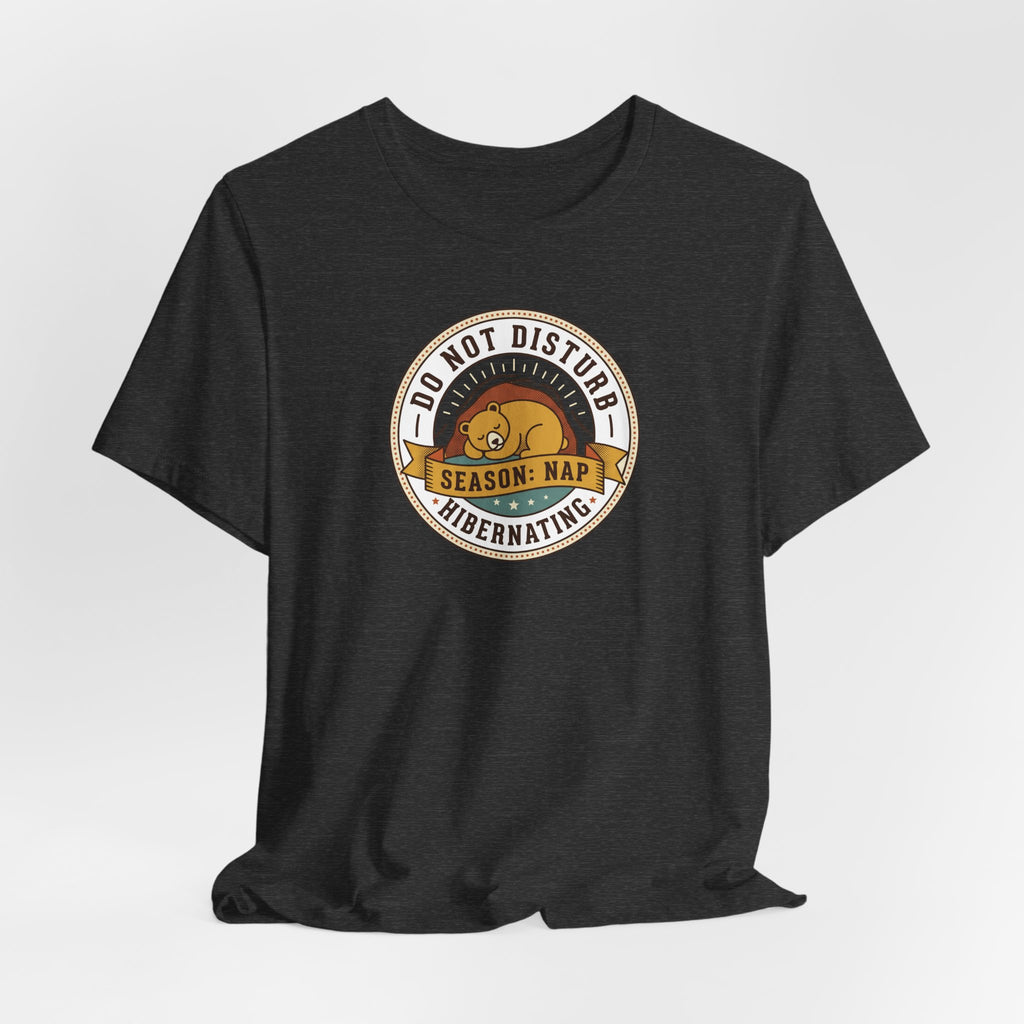 Dark grey crew-neck T-shirt with a circular bear nap graphic on chest.