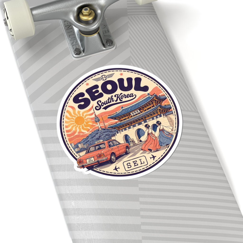 Seoul South Korea Vintage Travel Sticker – Retro Cityscape Kiss-Cut Decal