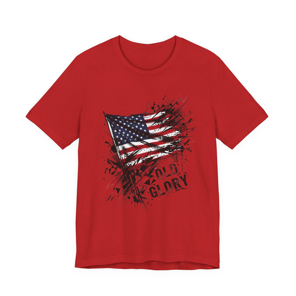 Distressed American flag t-shirt, red crew neck, splatter 'Old Glory' graphic.