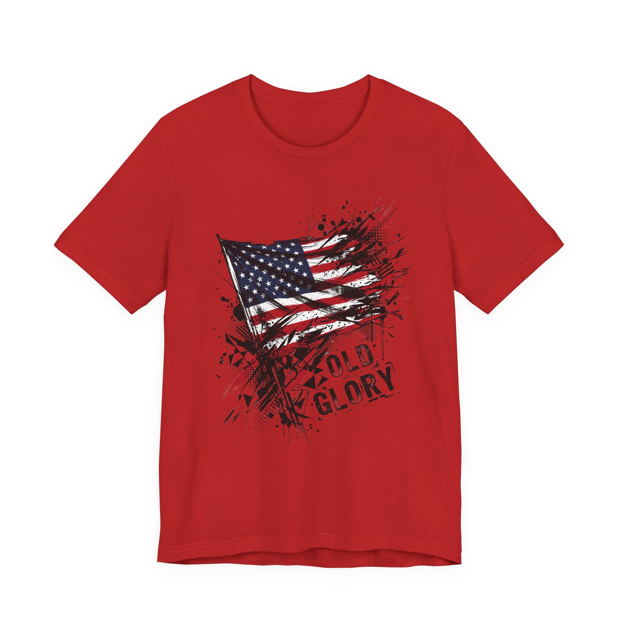 Distressed American flag t-shirt, red crew neck, splatter 'Old Glory' graphic.