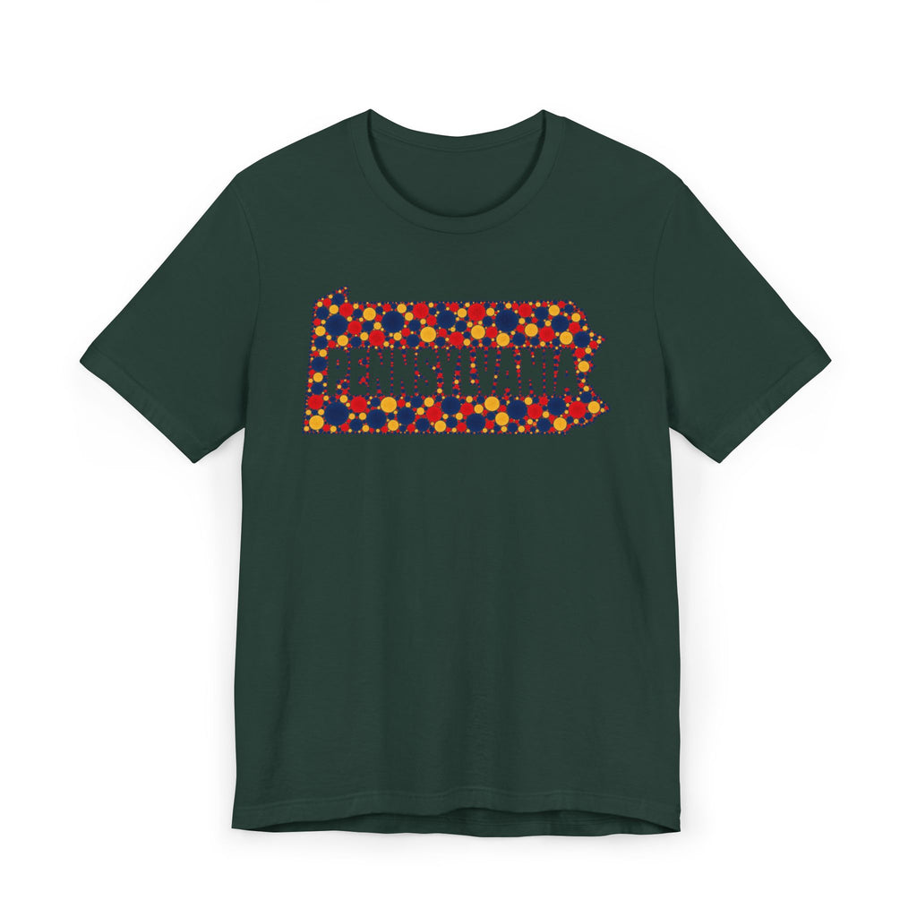 Dark green crew-neck t-shirt with colorful dotted Pennsylvania graphic on chest