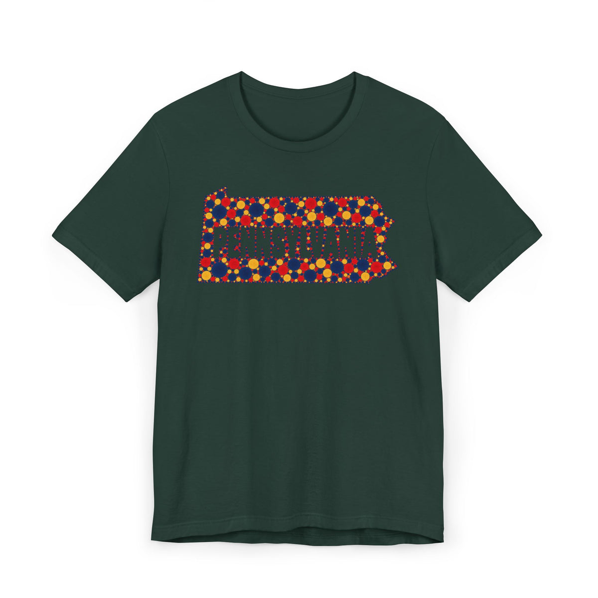 Dark green crew-neck t-shirt with colorful dotted Pennsylvania graphic on chest