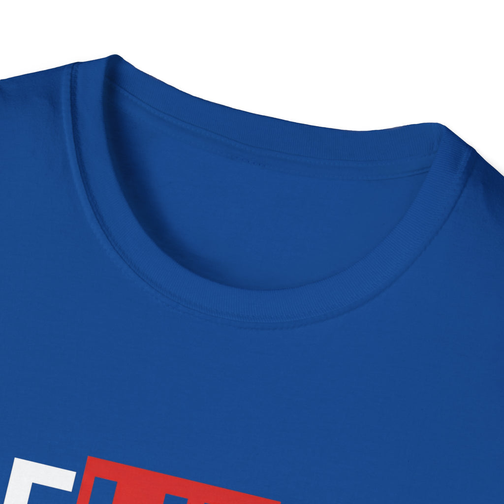 Royal blue T-shirt neckline, partial red-and-white 'BELIEVE' graphic