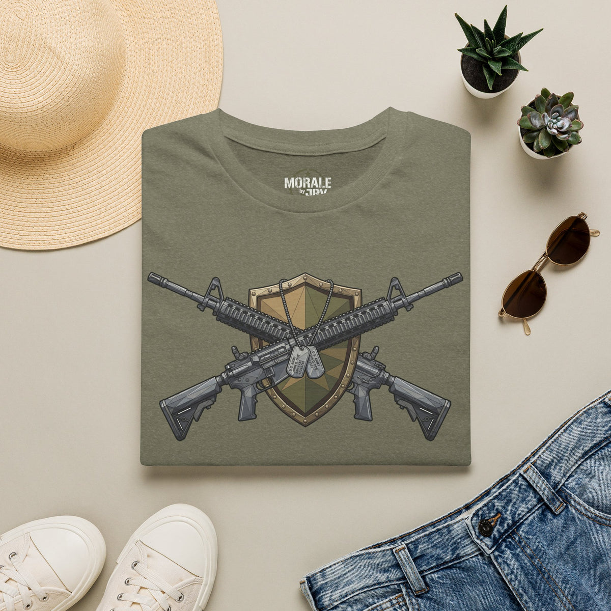 Olive green crew-neck T-shirt with crossed rifles and shield graphic on the front.