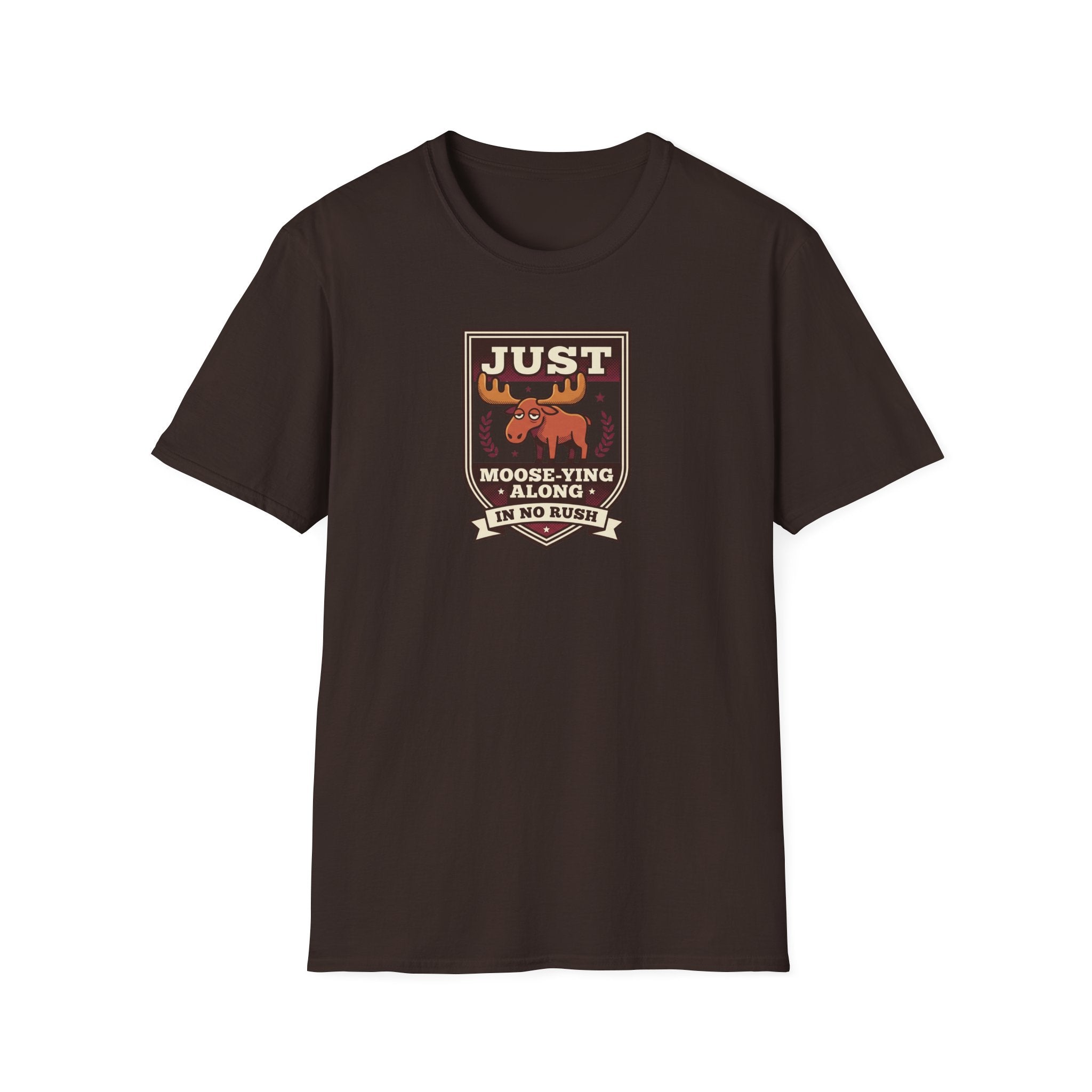Dark chocolate crew-neck T-shirt with centered moose graphic badge on chest